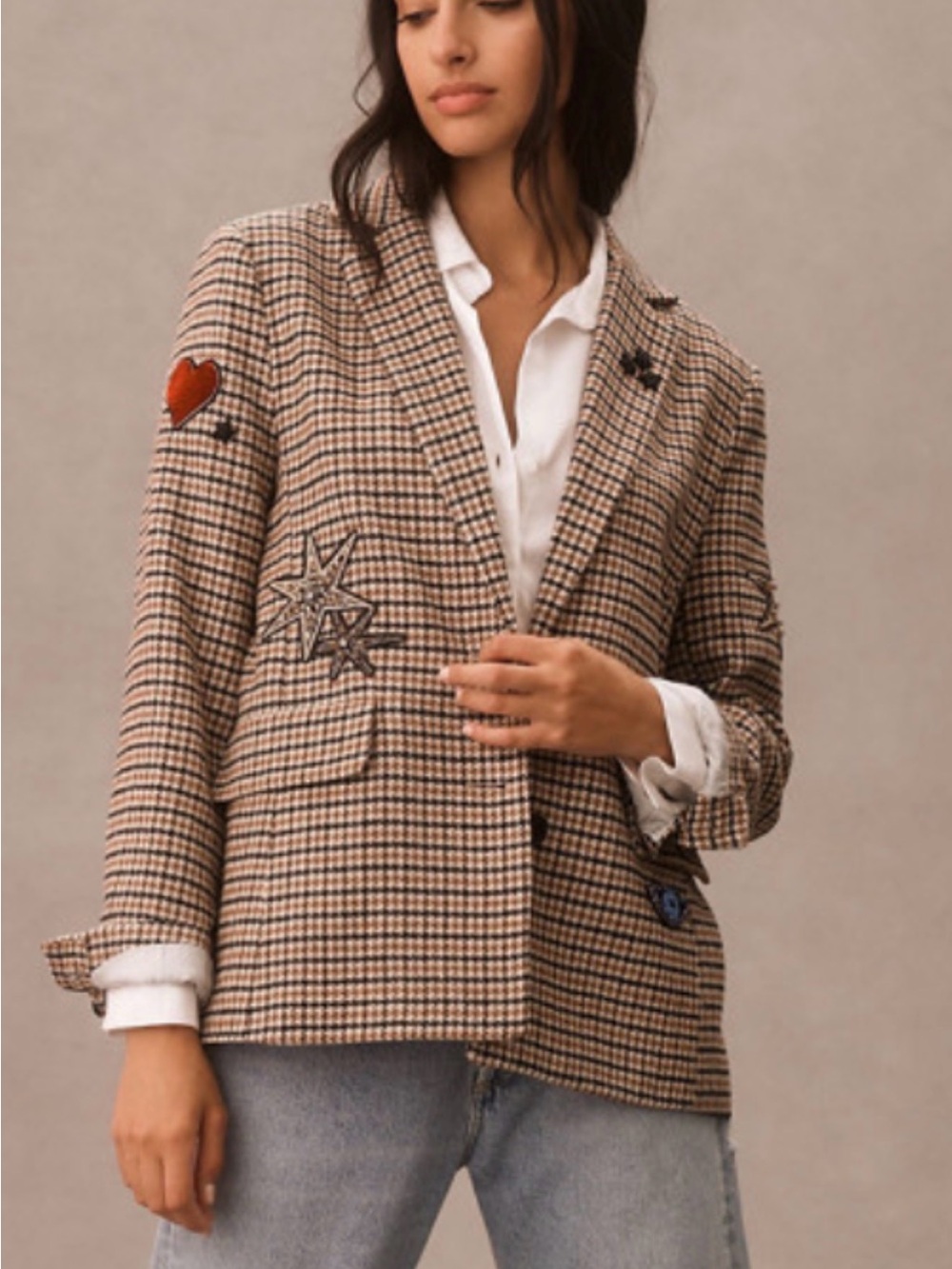 Anthropologie - Embellished Houndstooth Blazer Jacket - Black, Tan & Cream